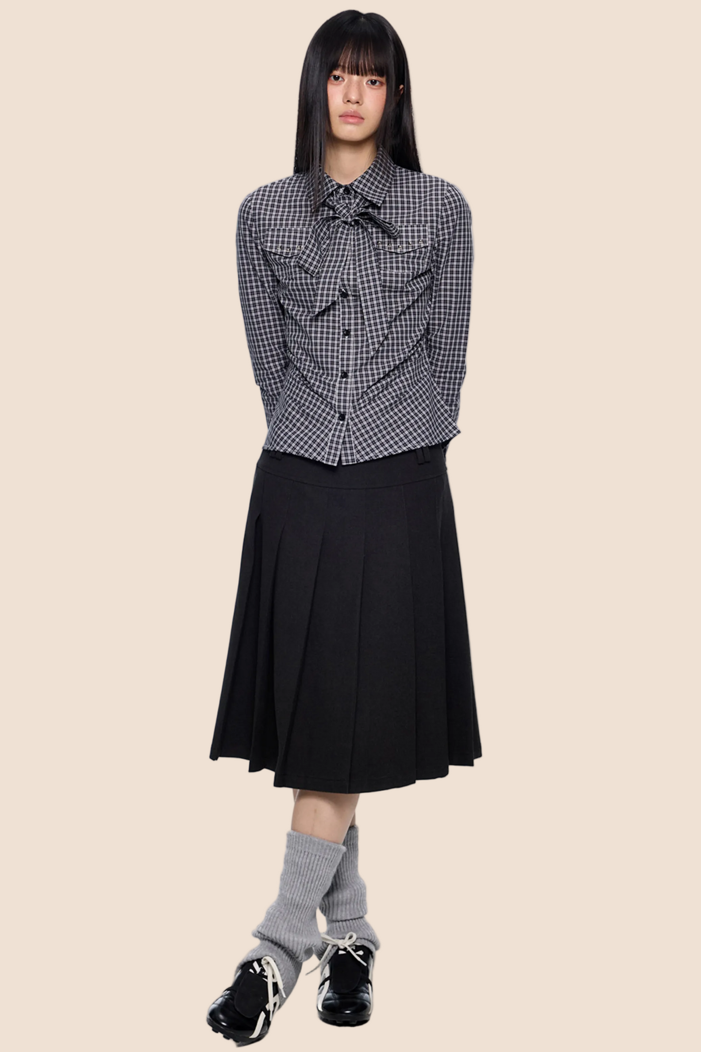 Plaid Lace-Up Bow Blouse