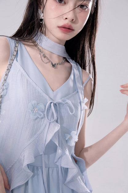 Romantic Blue Flower Cardigan Skirt Set