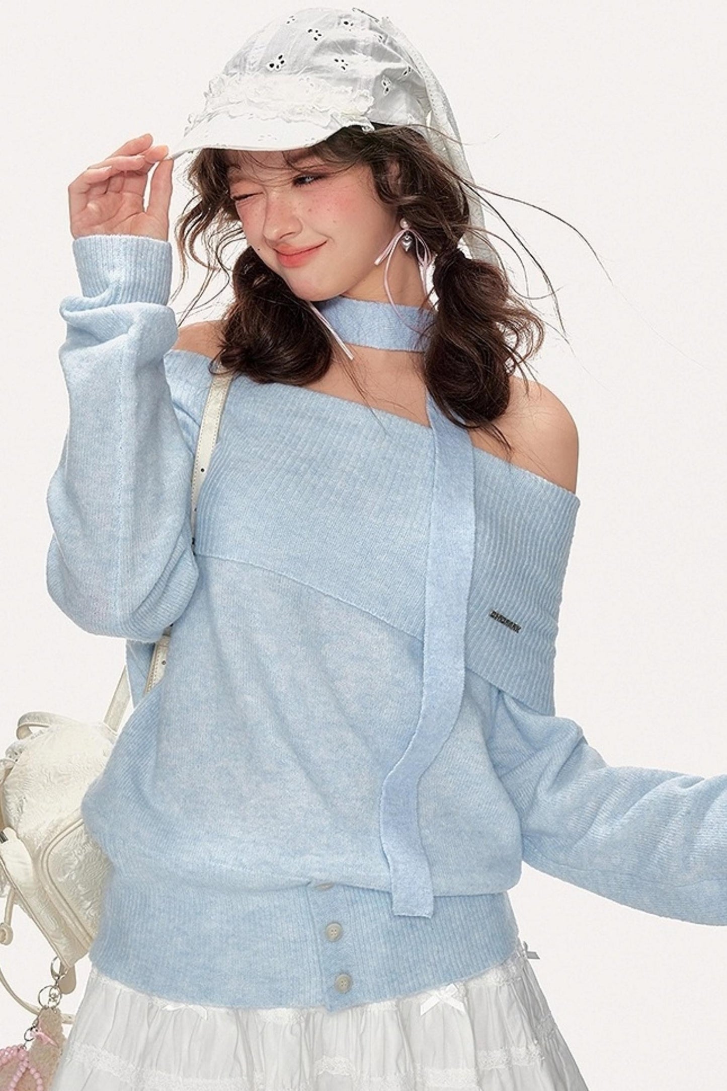 French Sweet One-Shoulder Halterneck Sweater