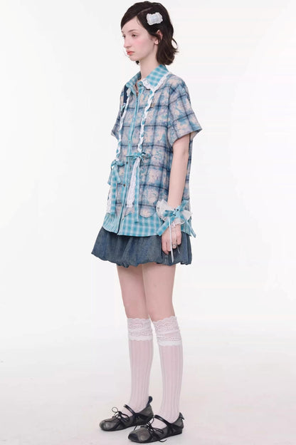 Sweet Bubble Bowknot Denim Skirt