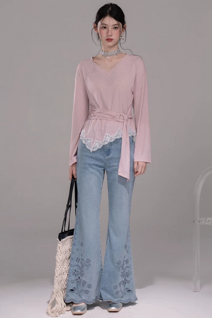 Peach Pink Lace Tie Blouse