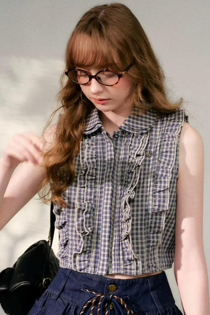 프레피 러플 칼라 셔츠 세트업
