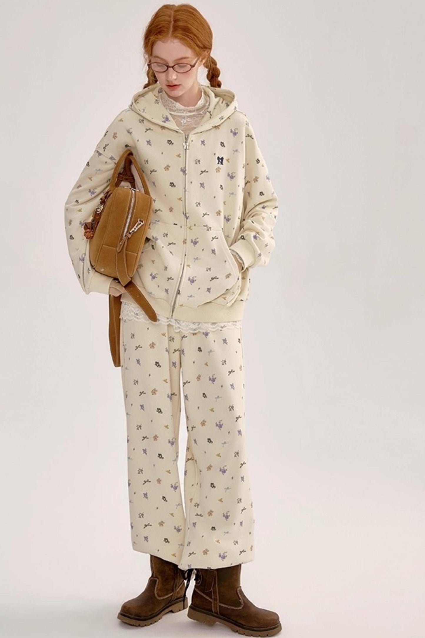 Floral Hooded Sweatshirt Cardigan Set-Up