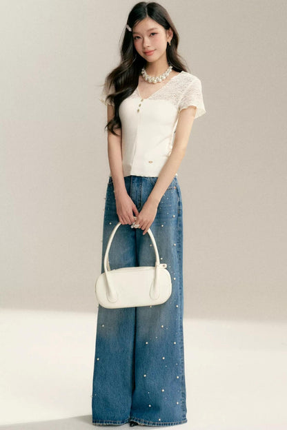 Lace-Panel V-Neck T-Shirt