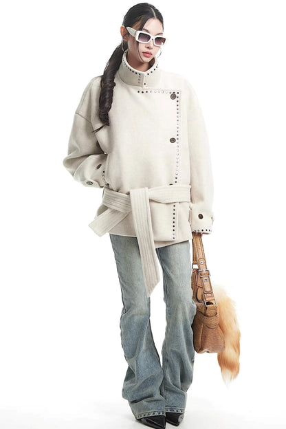 Off-White Woolen Stand-Up Collar Coat
