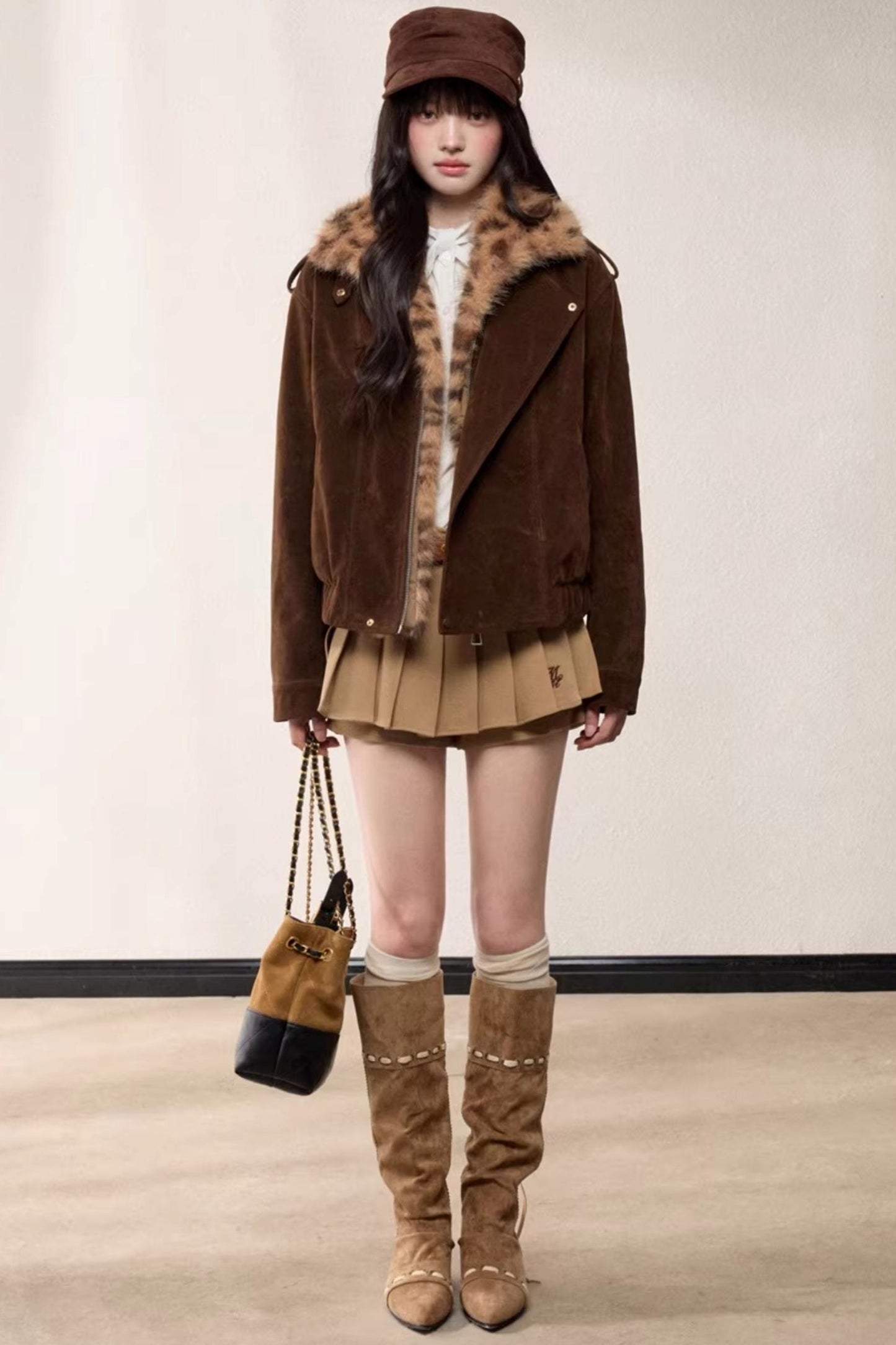 Leopard Print Fur Collar Jacket