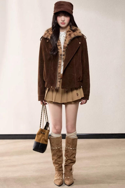 Leopard Print Fur Collar Jacket