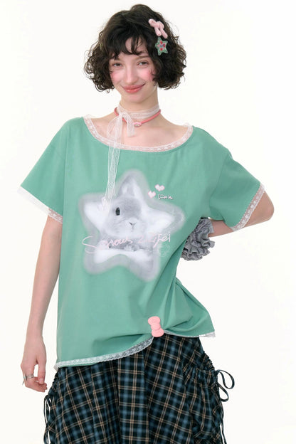 Star Rabbit Lace Short Sleeve T-shirt