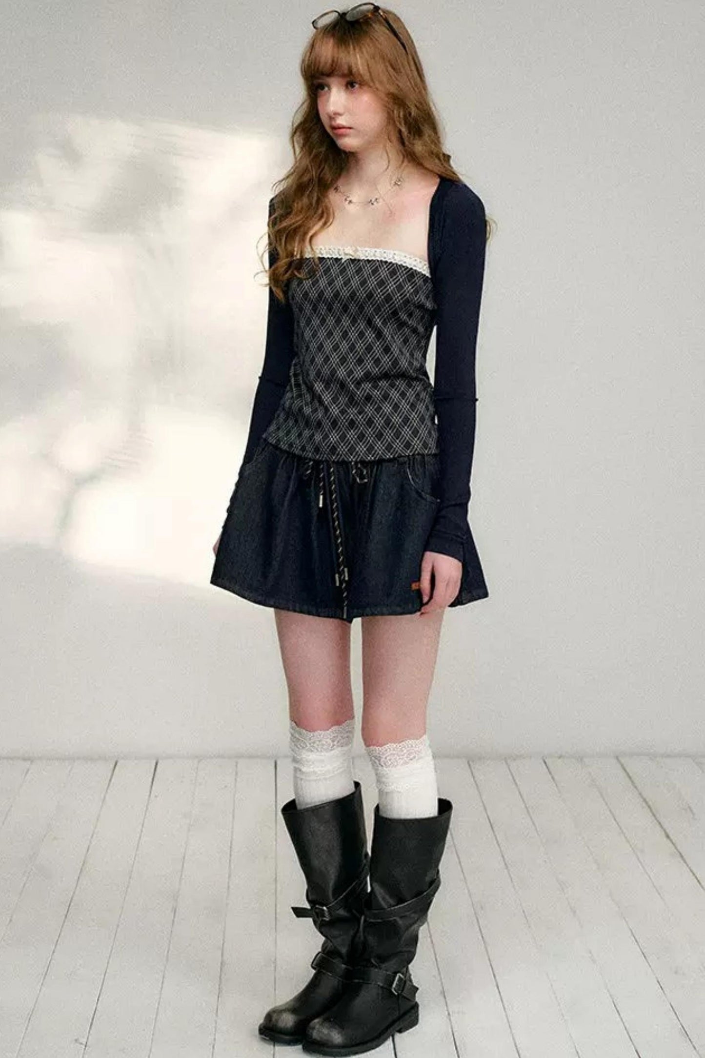 Lace Plaid Patchwork T-Shirt