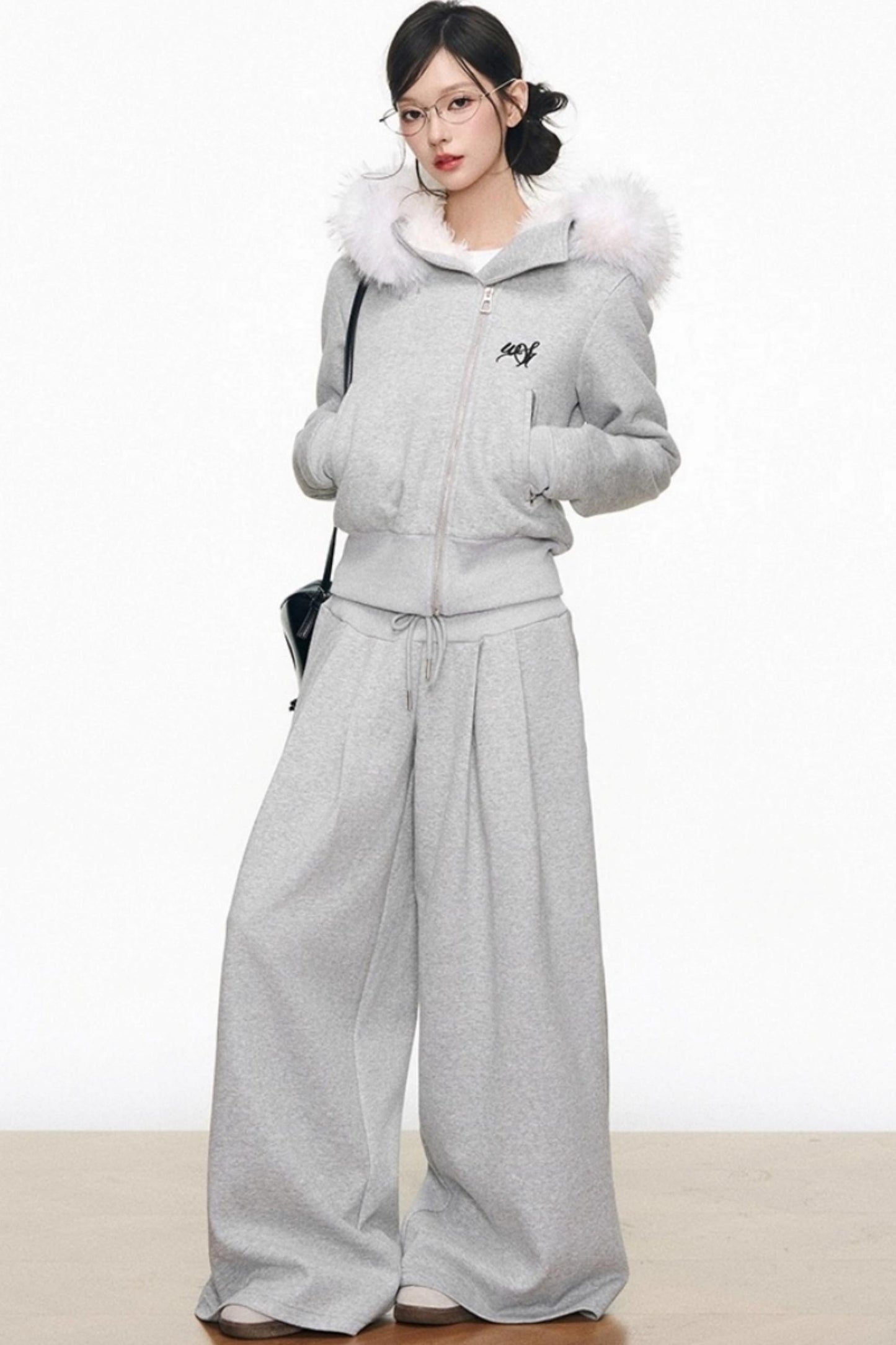 Plush Knitted Zipper Sweatshirt Set-Up