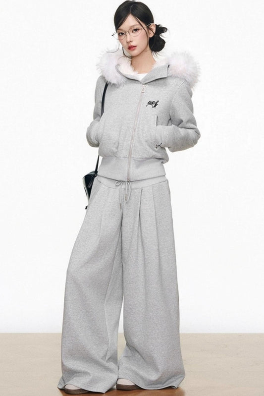 Plush Knitted Zipper Sweatshirt Set-Up