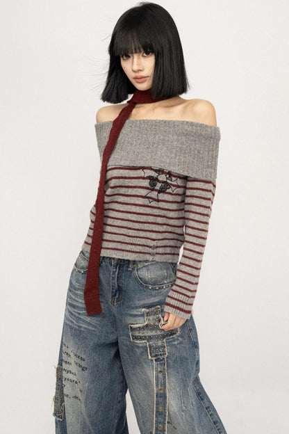 Light Sweet Asian One-Shoulder Knitted Sweater