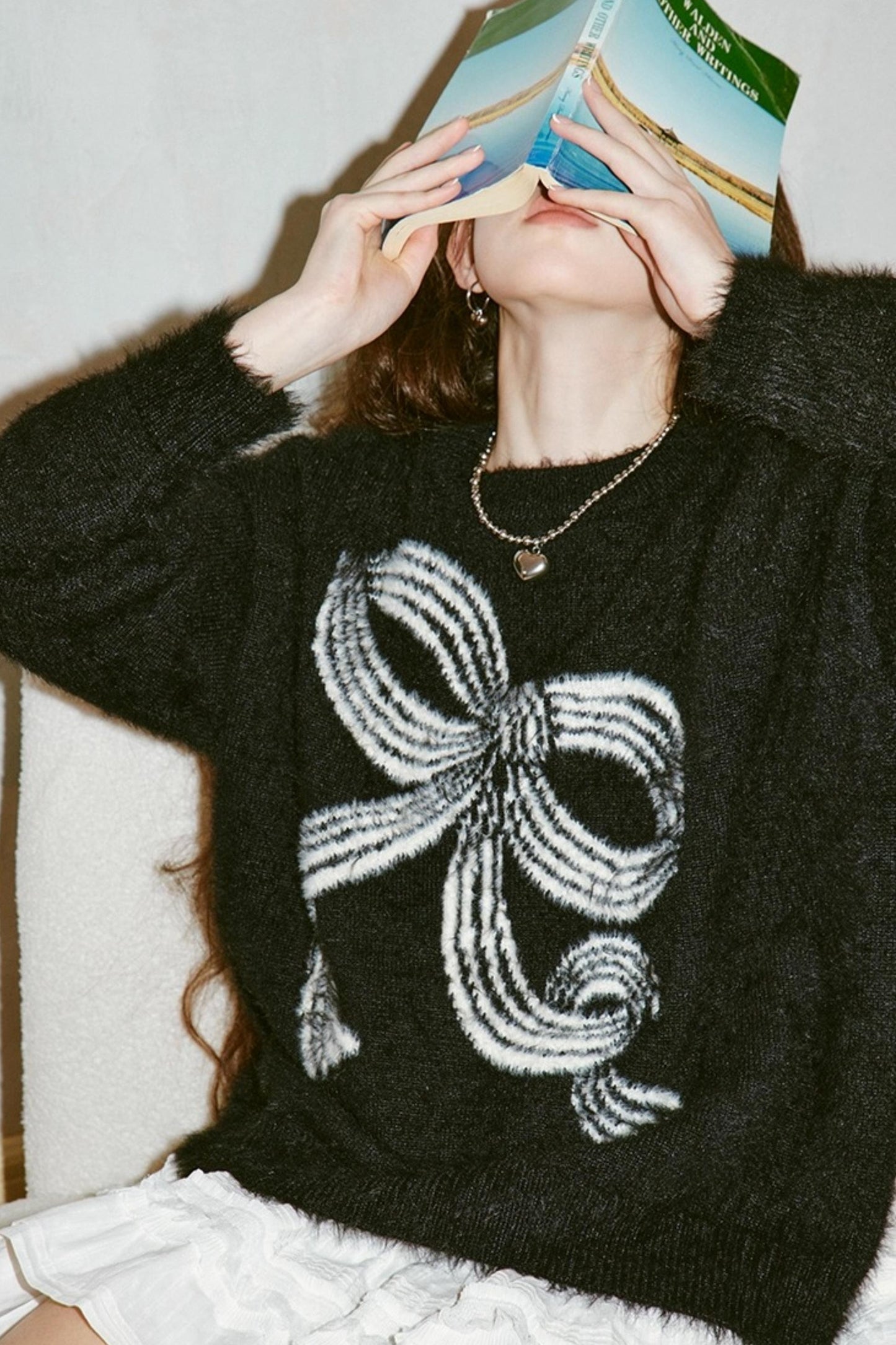 Striped Bow Faux Mink Sweater