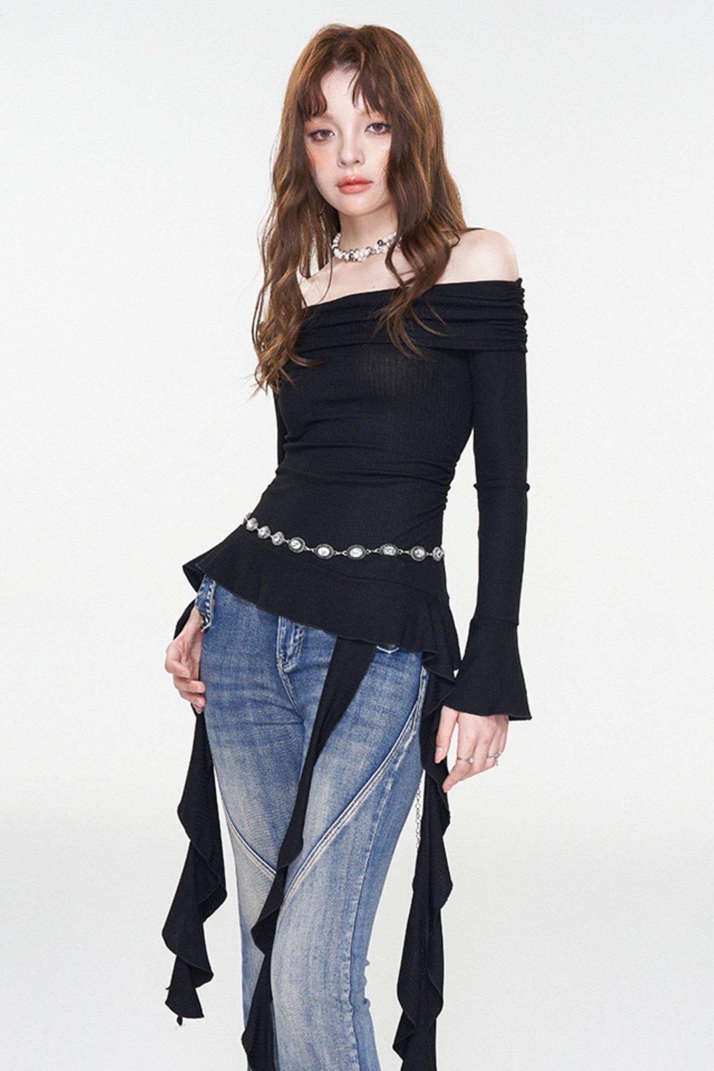 Ruffle One-Shoulder Glitter Top