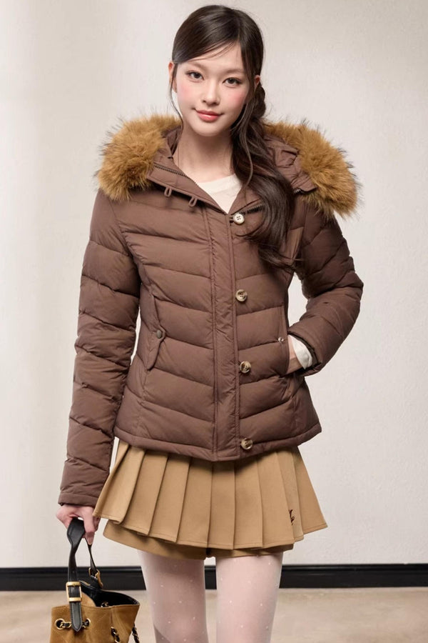 Fur Collar Hooded Slim Fit Jacket