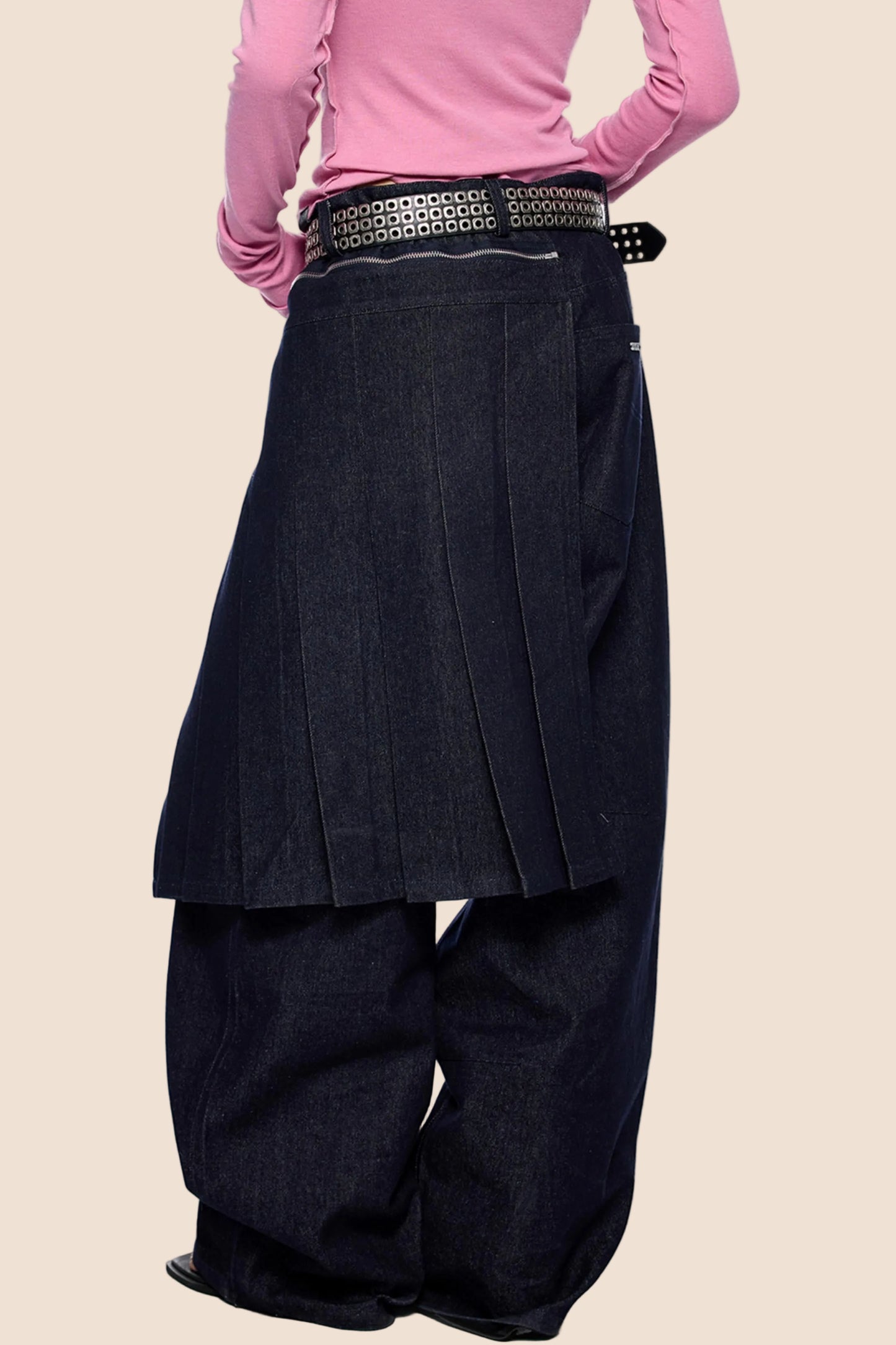 Detachable Pleated Denim Skirt Pants