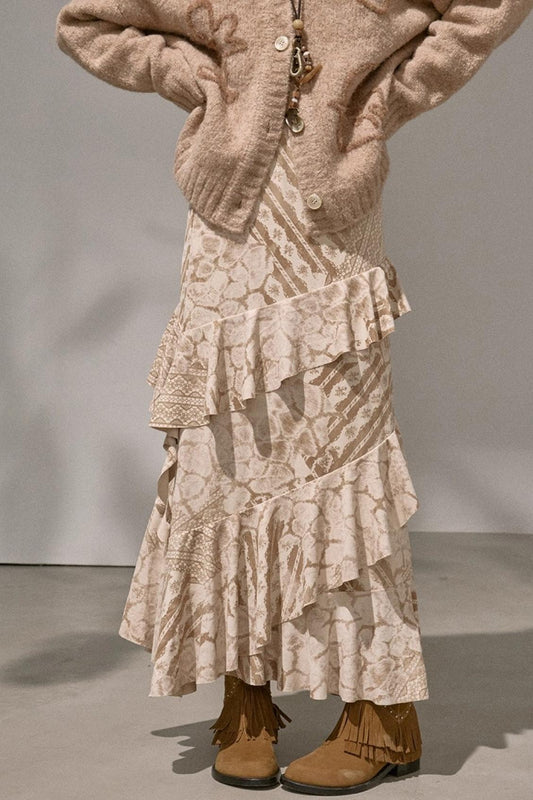 Original Slanted Ruffle Leaf Wave Midi Cake Skirt