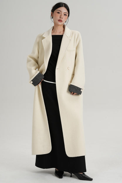 Turn-Sleeve Suit Collar Long Wool Coat