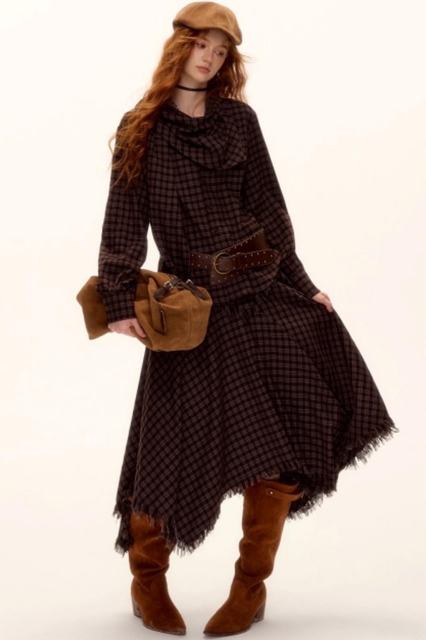 Frayed Hem Plaid Midi Skirt Belt Set