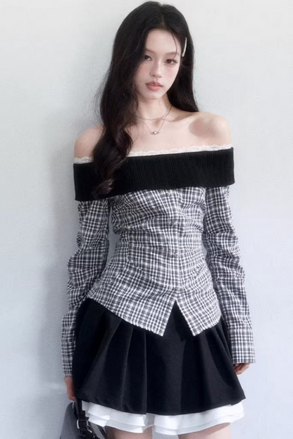 Plaid Off-Shoulder Blouse