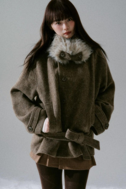 Bow Fur Collar Wool Coat