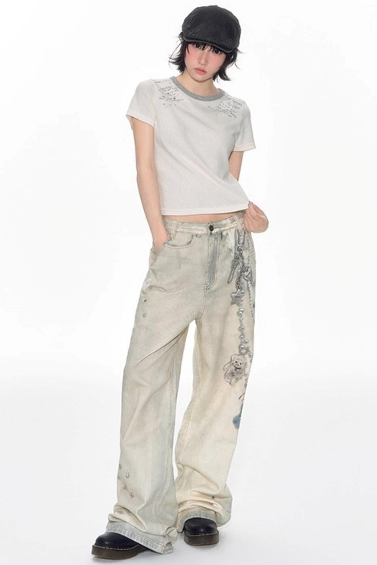 Hand-Painted 3D Printed Womens Wide-Leg Pants