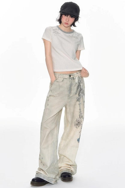 Hand-Painted 3D Printed Womens Wide-Leg Pants