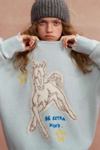 Jacquard Pony Crew Neck Sweater