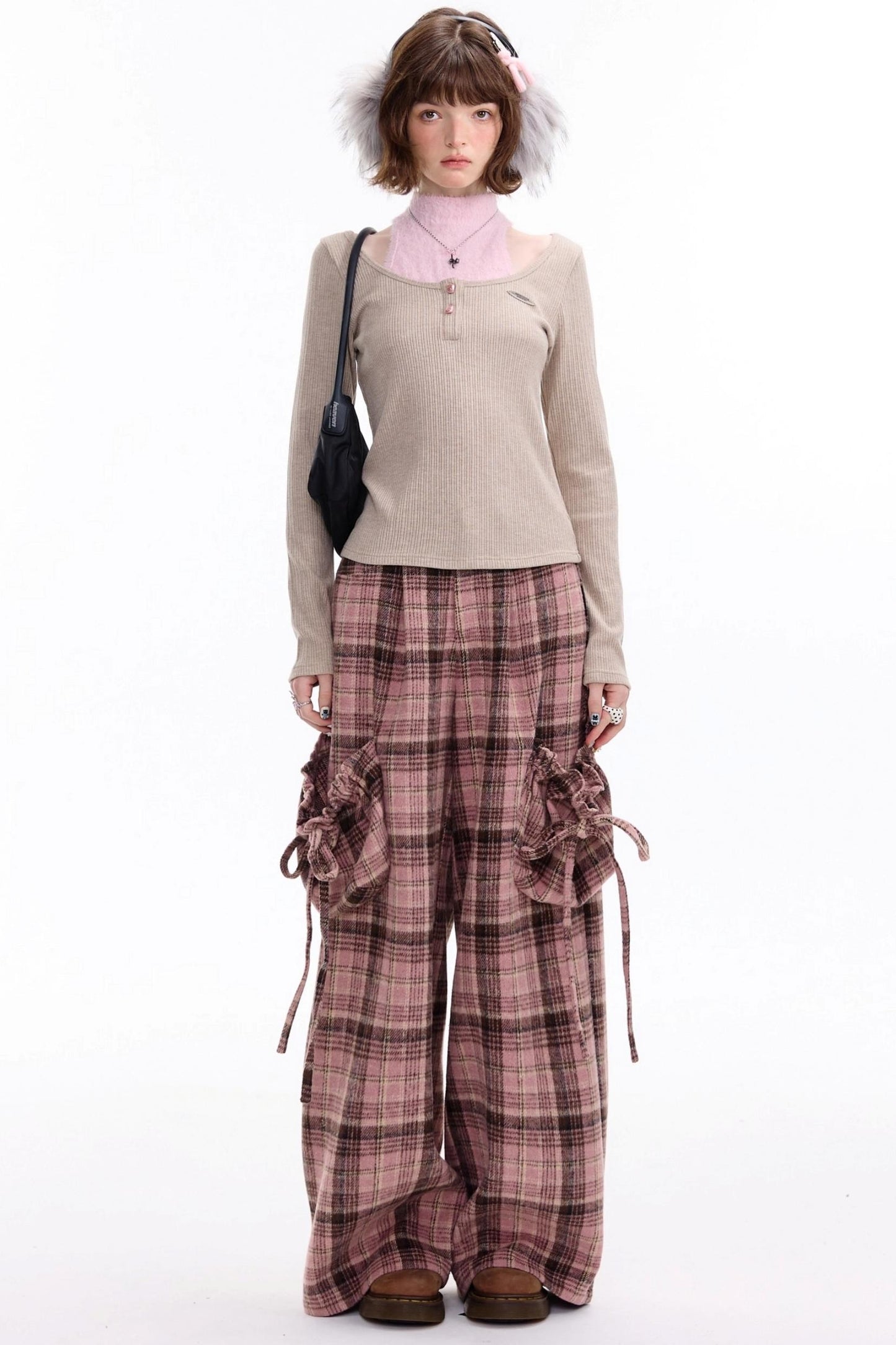 American Pink Plaid Wide-Leg Slacks