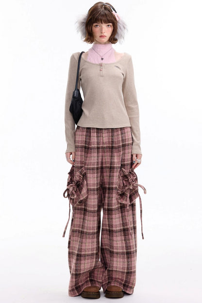 American Pink Plaid Wide-Leg Slacks