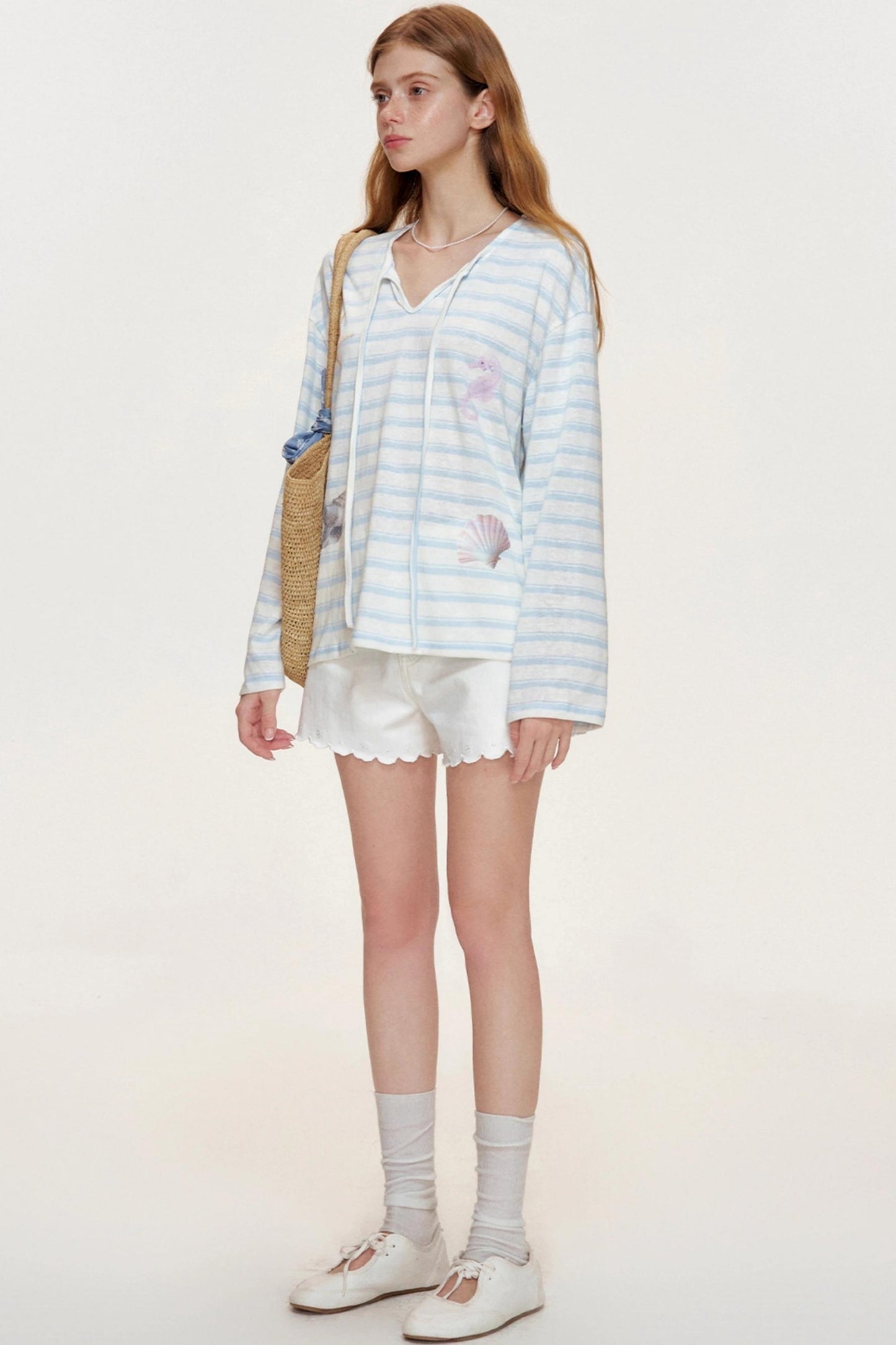Blue Ocean Shell Starfish Lace-up Smock Shirt
