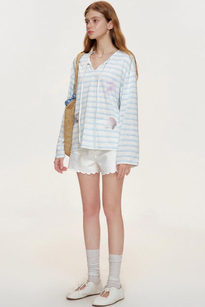 Blue Ocean Shell Starfish Lace-up Smock Shirt