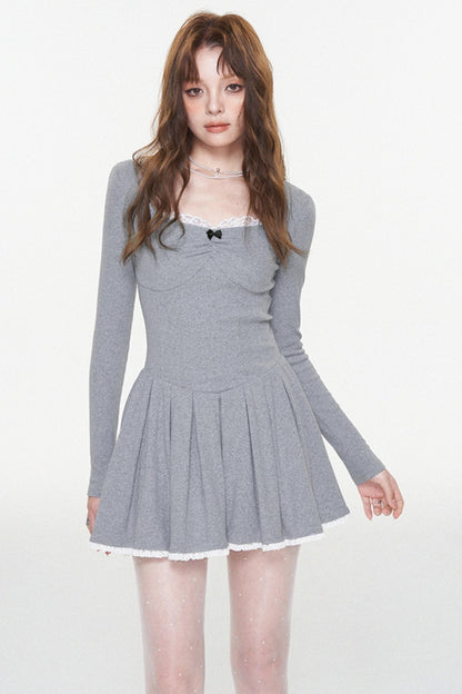 Gray Lace Bow-Detail U-Neck Dress