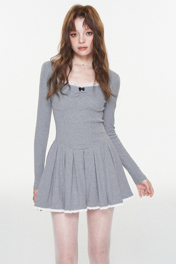 Gray Lace Bow-Detail U-Neck Dress