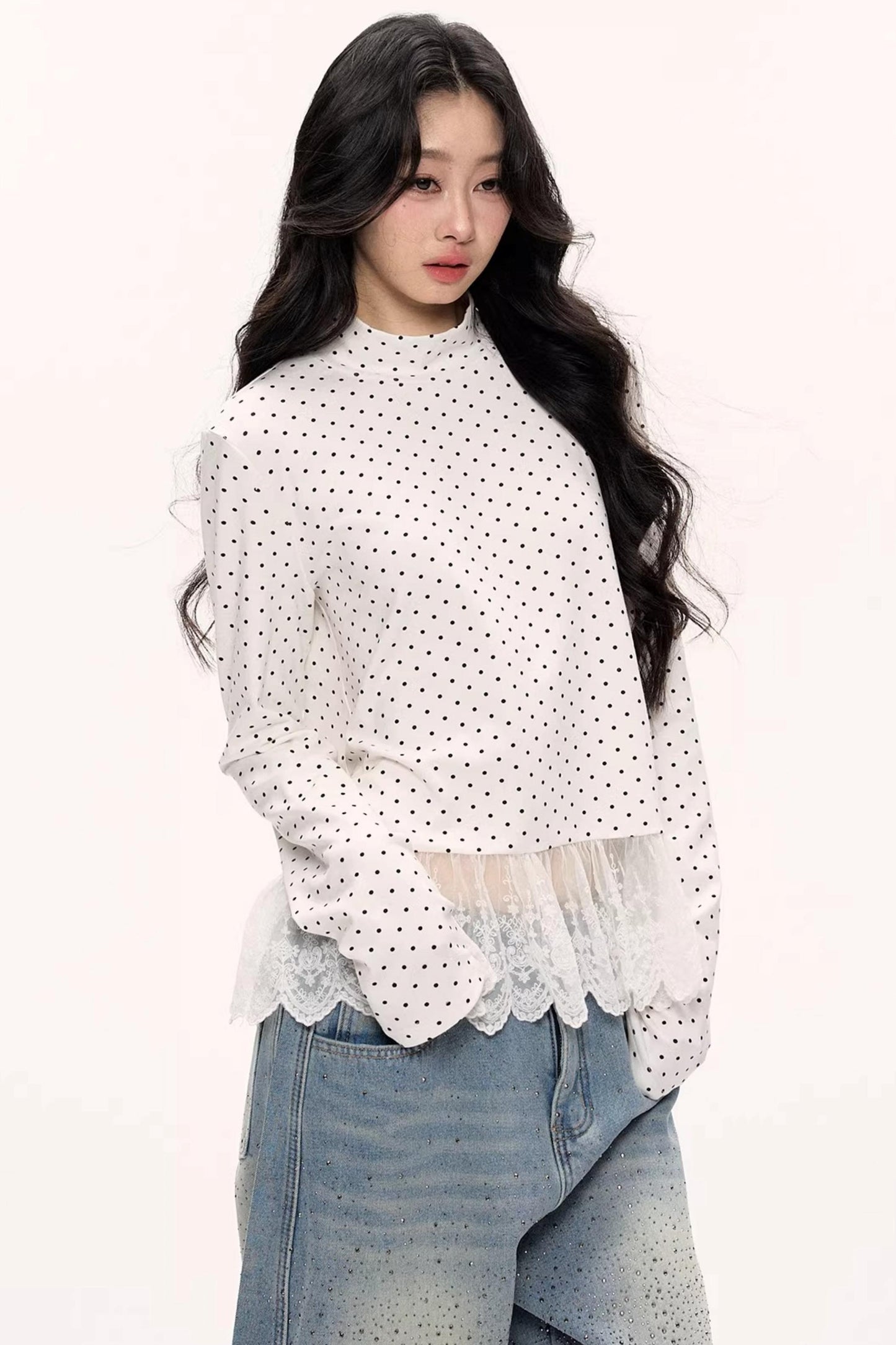 Polka Dot Lace Turtleneck Top