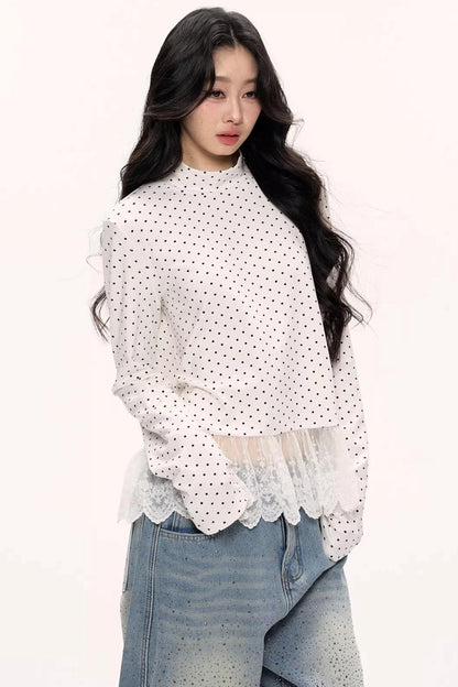 Polka Dot Lace Turtleneck Top