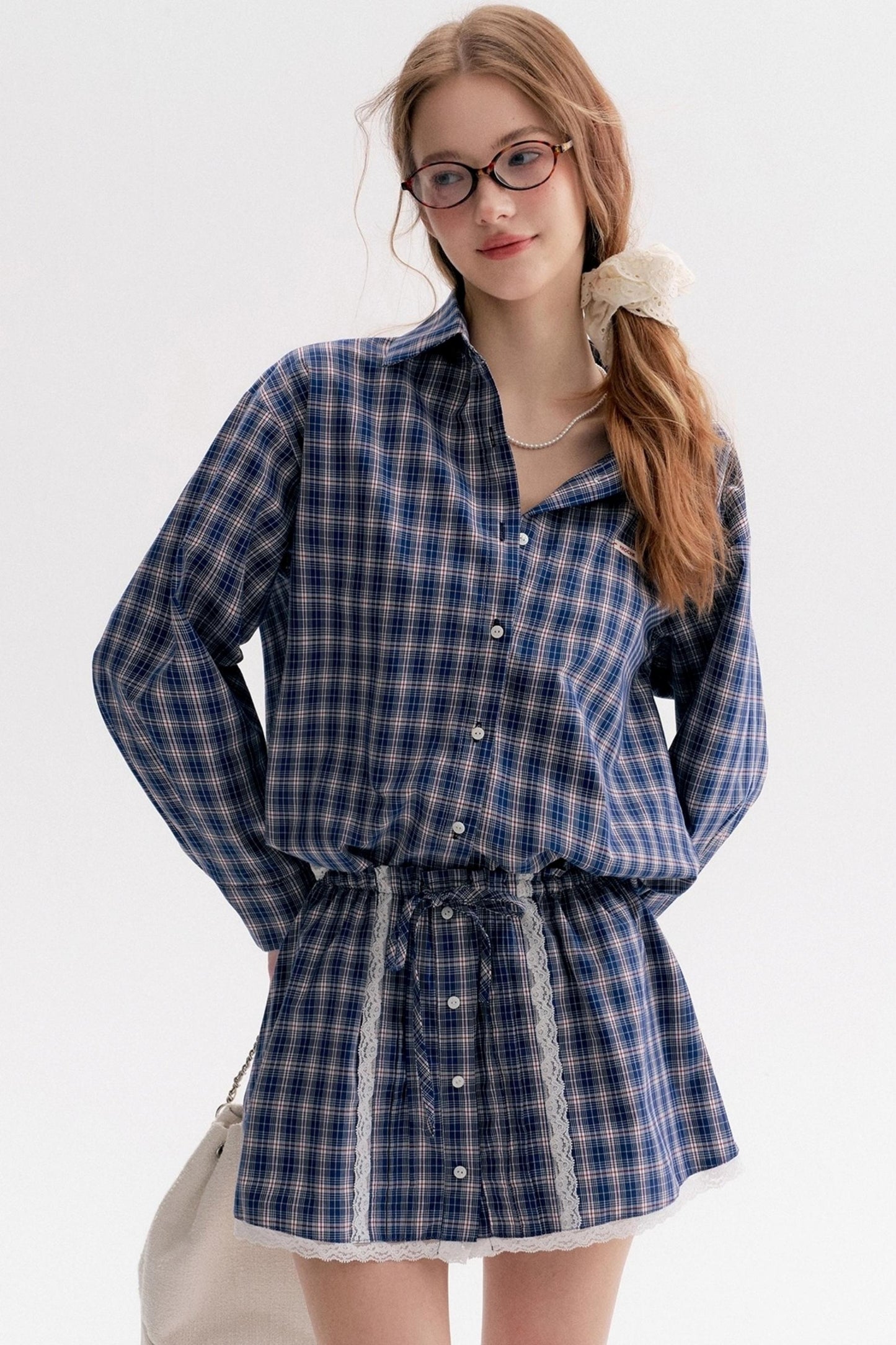 Lace Stitching Check Short Skirt