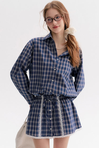 Lace Stitching Check Short Skirt