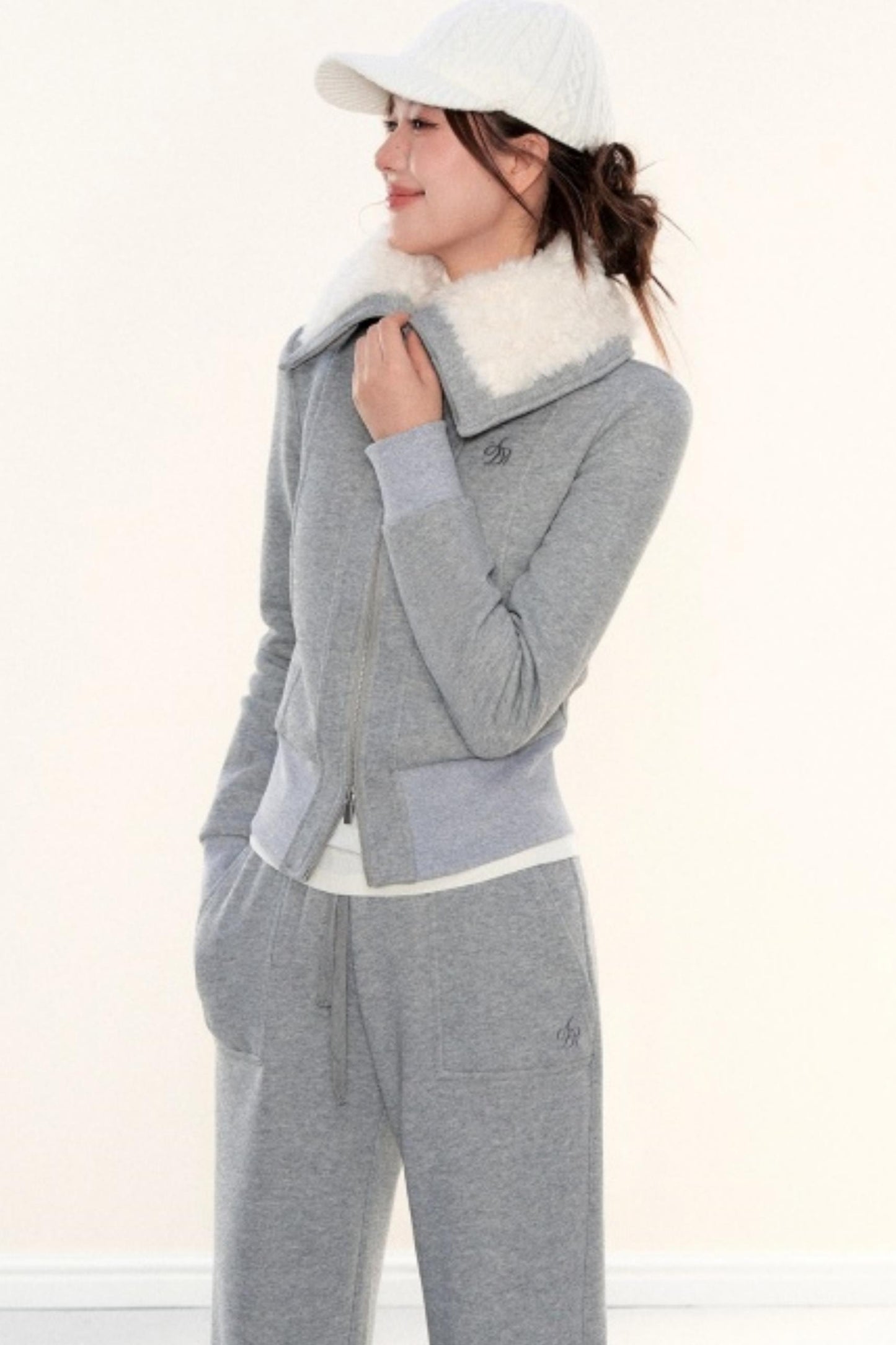 Lapel Fleece Slim Sweatshirt Jacket Set-Up