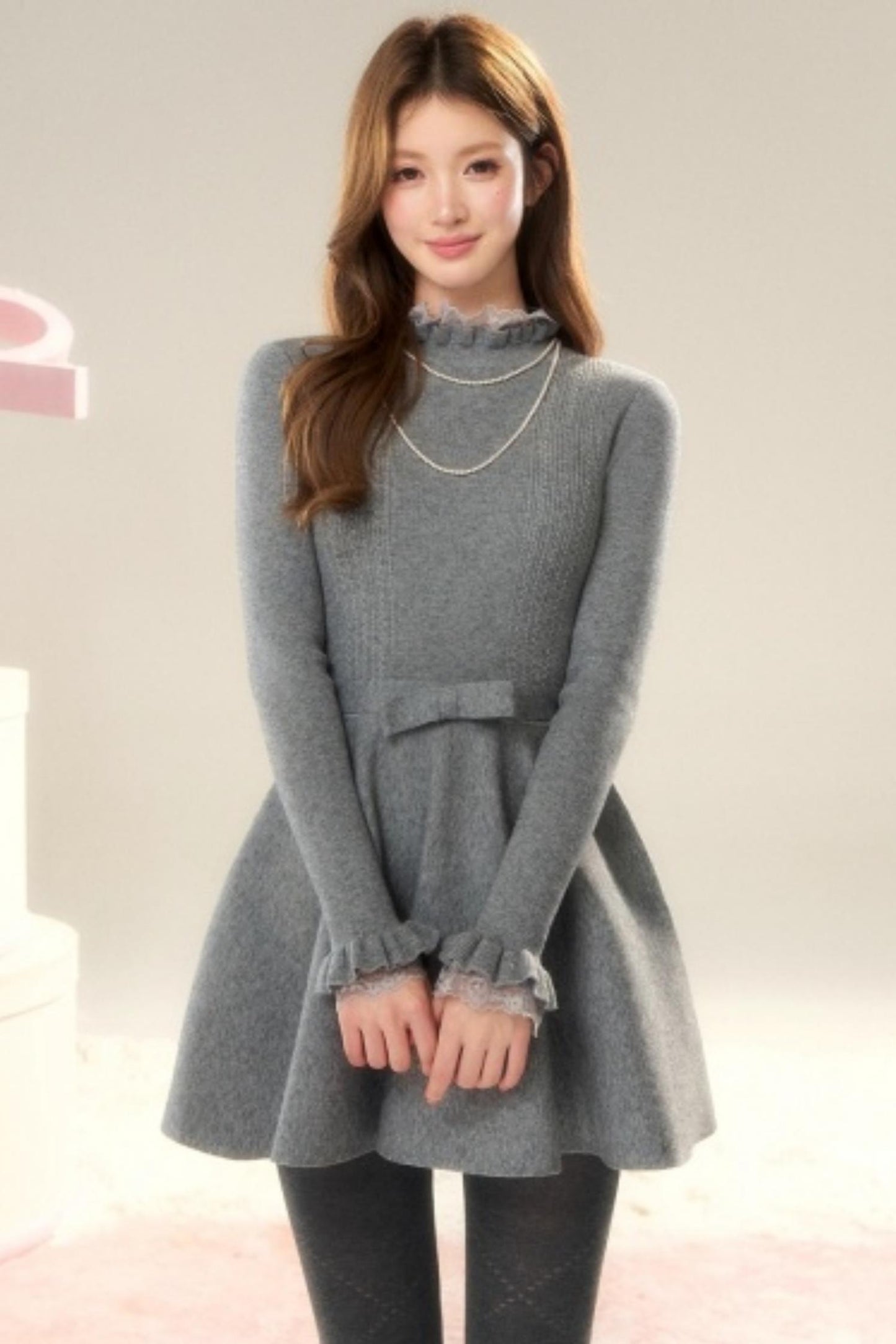 Lace High-Neck Knitted Dress