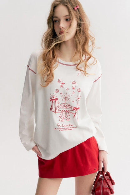 Lazy Cake Print Long-Sleeved T-Shirt