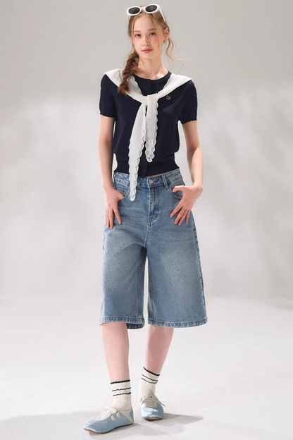 Rhinestone Denim Cropped Pants