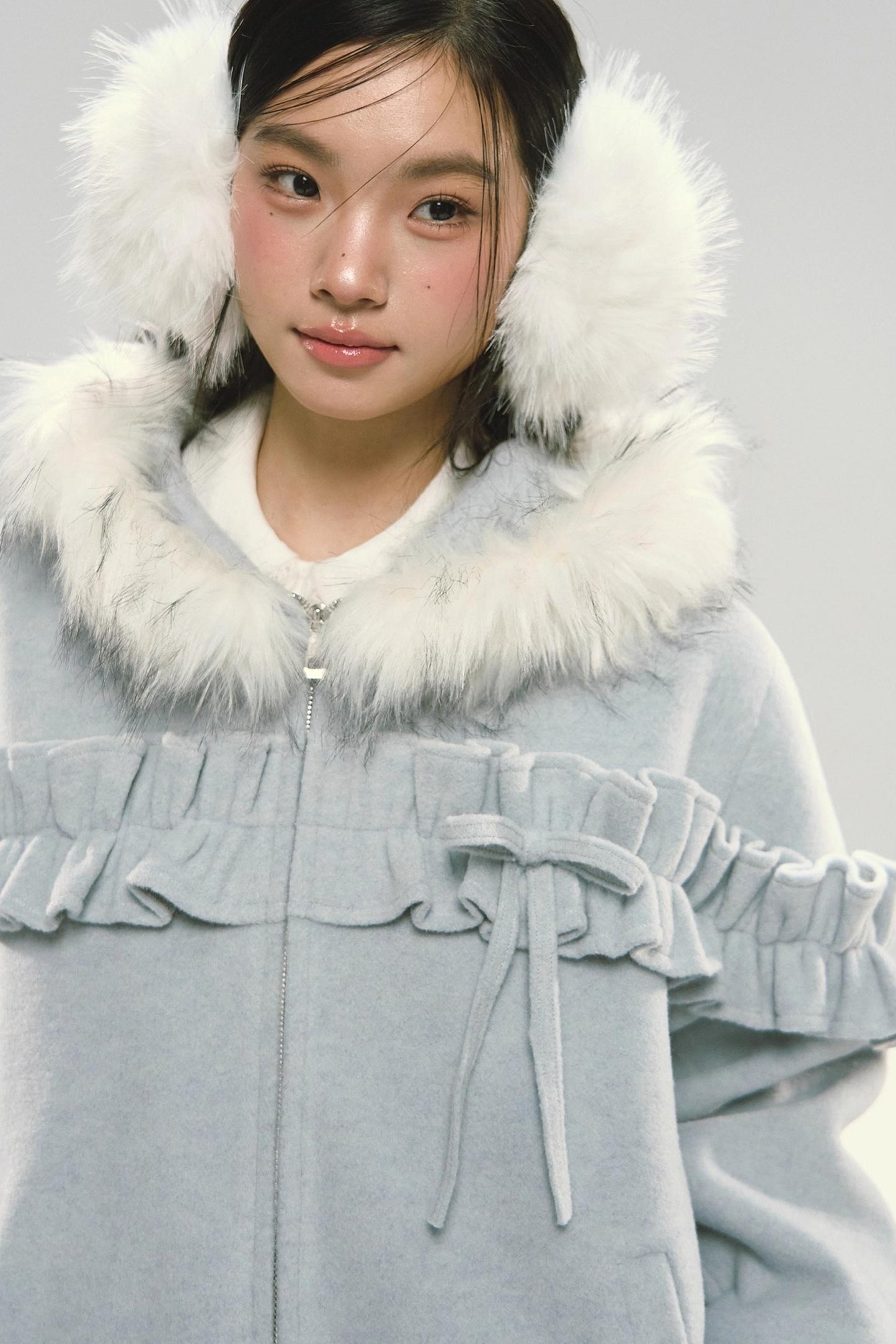 Pink Lace Fur Hooded Tweed Jacket