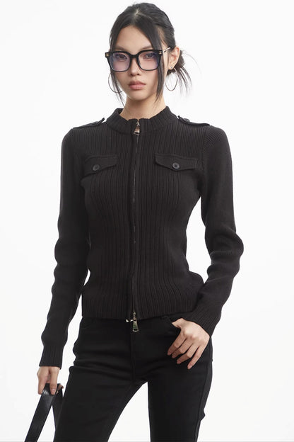 Knit Stand-Up Collar Cardigan