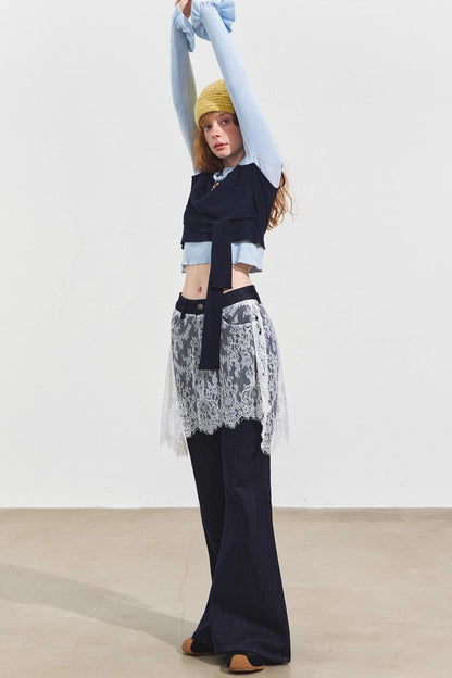 Fake Two Contrasting Lace-Up Top