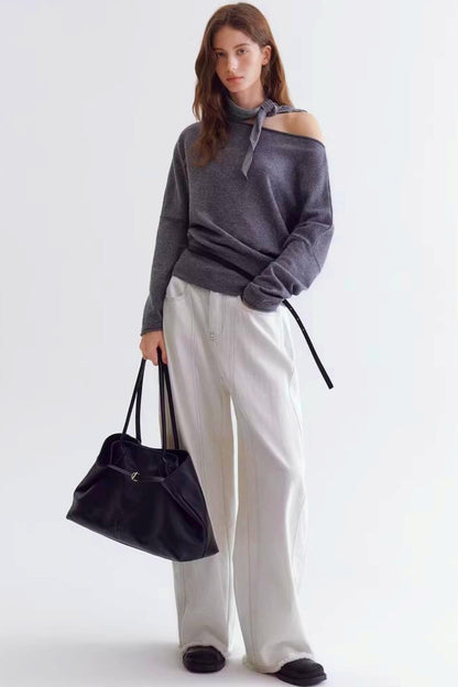 Rolled Edge Off-Shoulder Wool Sweater