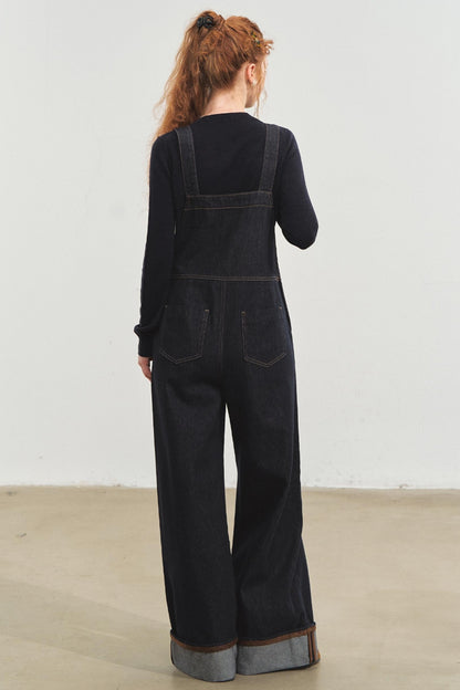 Dark Blue Denim Cuffed Overalls Pants