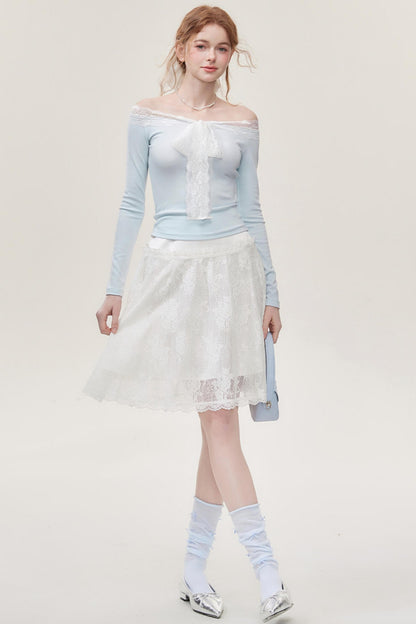 Light  Blue Lace One-Shoulder Top