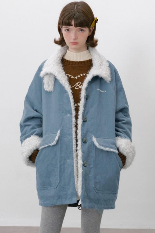 Corduroy Patchwork Fur Collar Jacket