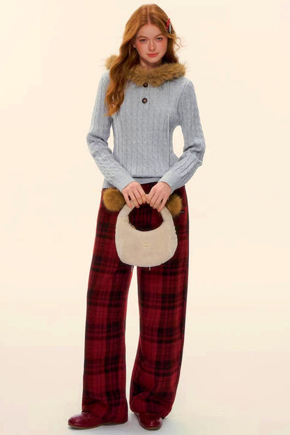Woolen Plaid Retro Fleece-Lined Pants